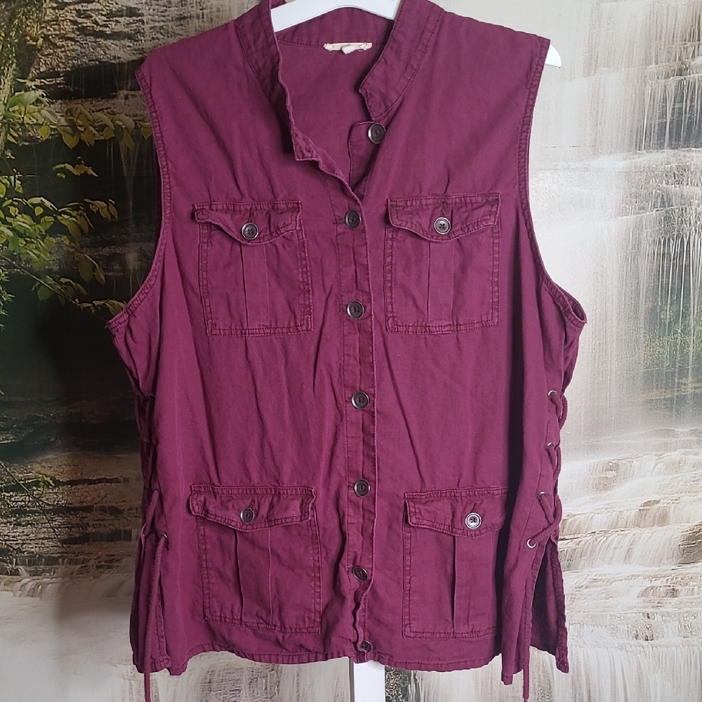 Maurices Womens 2 Plus Size Purple Linen Button Up Vest with lace up sides